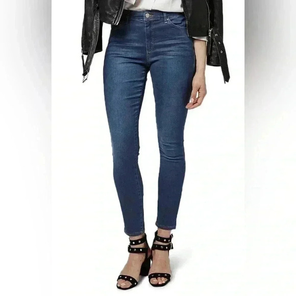 Topshop Moto Leigh Skinny Jeans Ankle Cropped Mid Rise Raw Hem Dark Wash Blue 26 - Picture 2 of 15